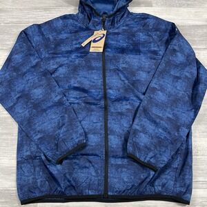 Men's Medium Asics Packable Windbreaker Jacket Tie Dye Blue/Black‎ NWT $55 MSRP